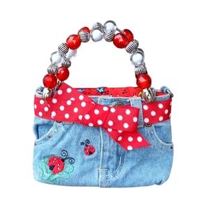 Vintage Denim Handbag With Polka Dots And Ladybugs - Icy Blue & Cherry Red